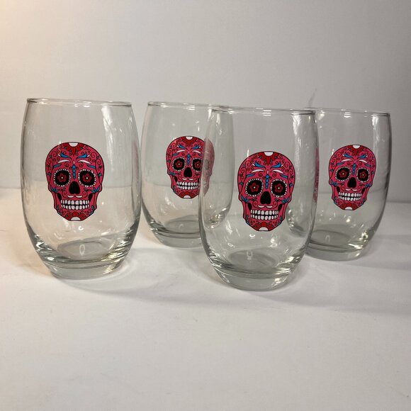 Pink Day of the Dead Stemless Sugar Skull Glass Wine Glasses New Halloween Set/4 - Picture 1 of 3